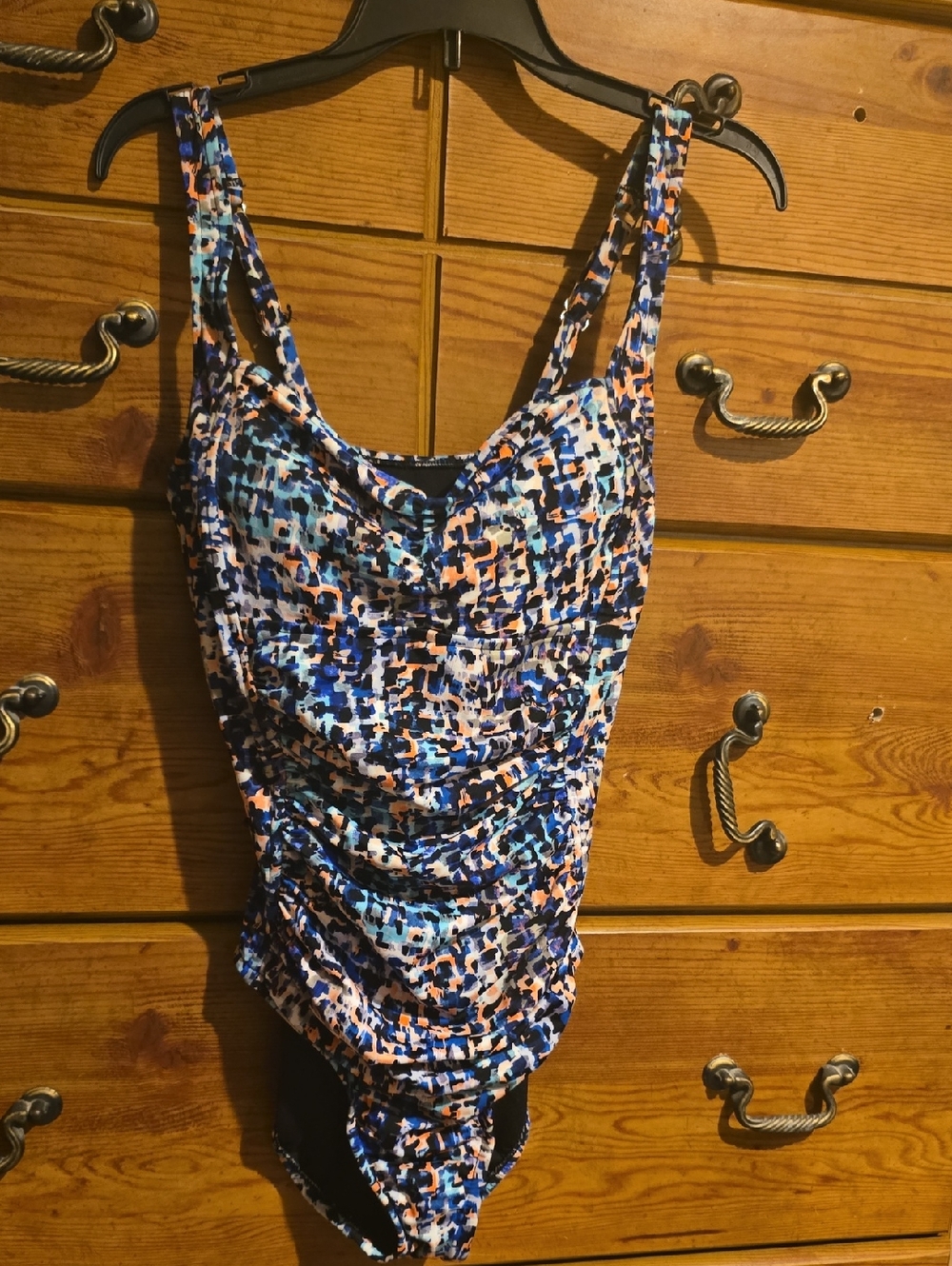 Swim Solutions Blue & Peach Pixel-Print Ruched One-Piece Swimsuit